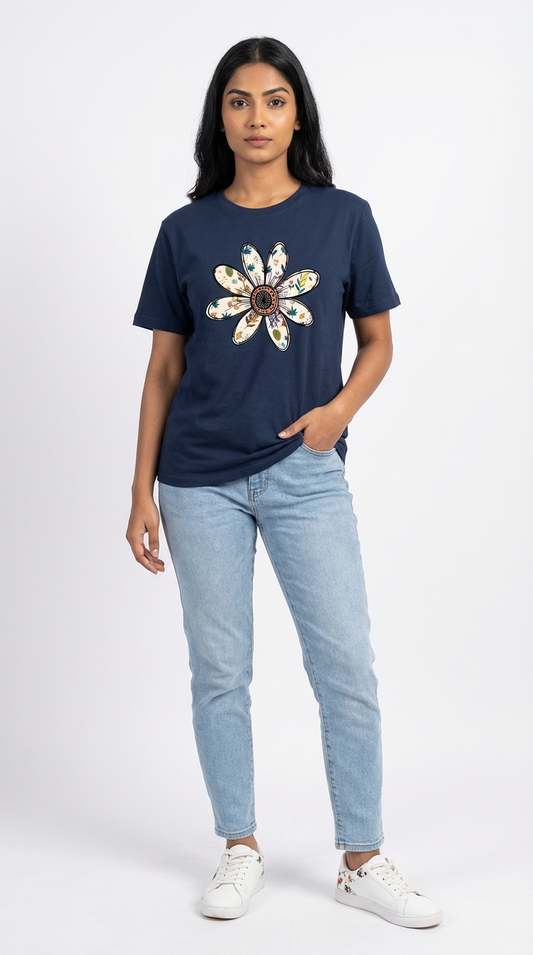Camiseta Feminina Algodão Estampa Flor Margarida Casual Manga Curta