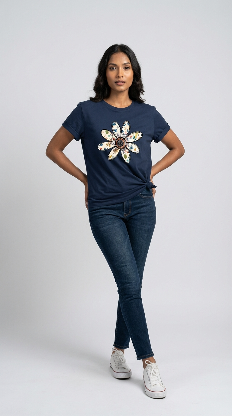 Camiseta Feminina Algodão Estampa Flor Margarida Casual Manga Curta