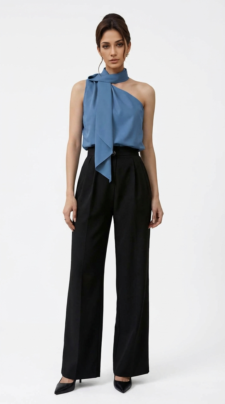 Blusa Feminina Ombro Único com Laço Ajustável Cetim Elegante Festa