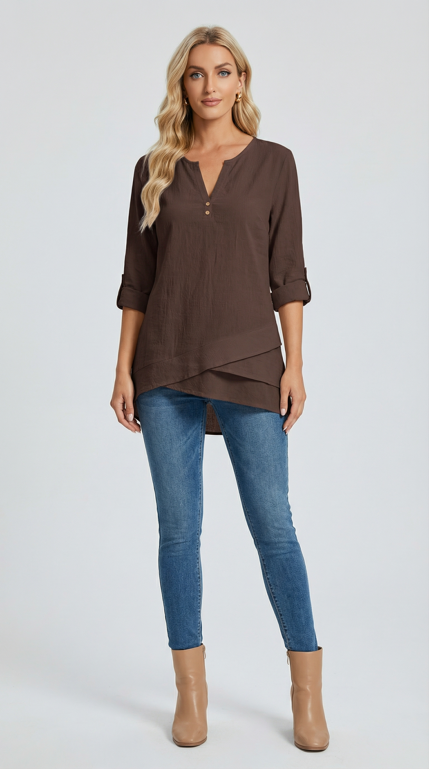 Blusa Feminina Manga 3/4 Decote V com Botões Barra Assimétrica Casual