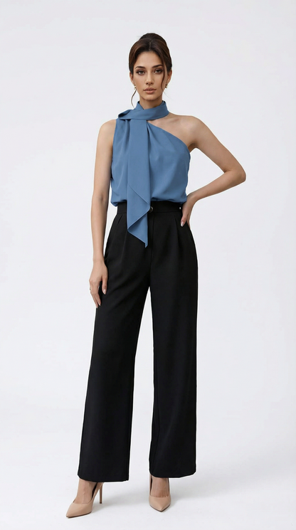 Blusa Feminina Ombro Único com Laço Ajustável Cetim Elegante Festa