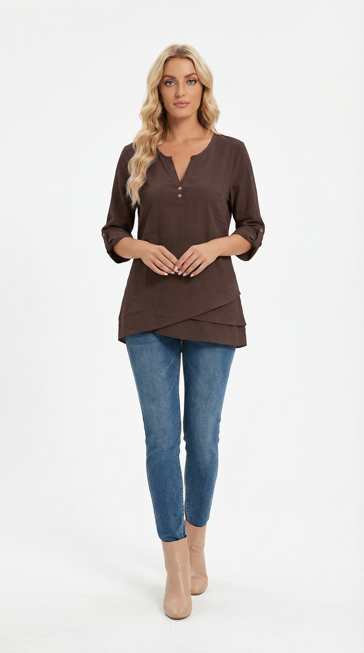 Blusa Feminina Manga 3/4 Decote V com Botões Barra Assimétrica Casual