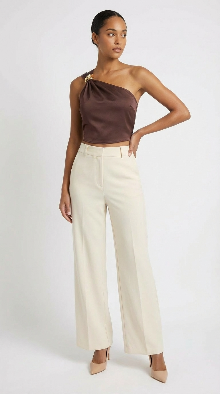 Top Cropped Feminino Ombro Único com Argola Dourada Cetim Elegante