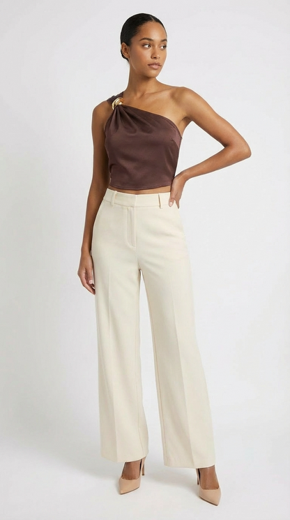 Top Cropped Feminino Ombro Único com Argola Dourada Cetim Elegante