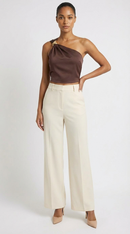Top Cropped Feminino Ombro Único com Argola Dourada Cetim Elegante
