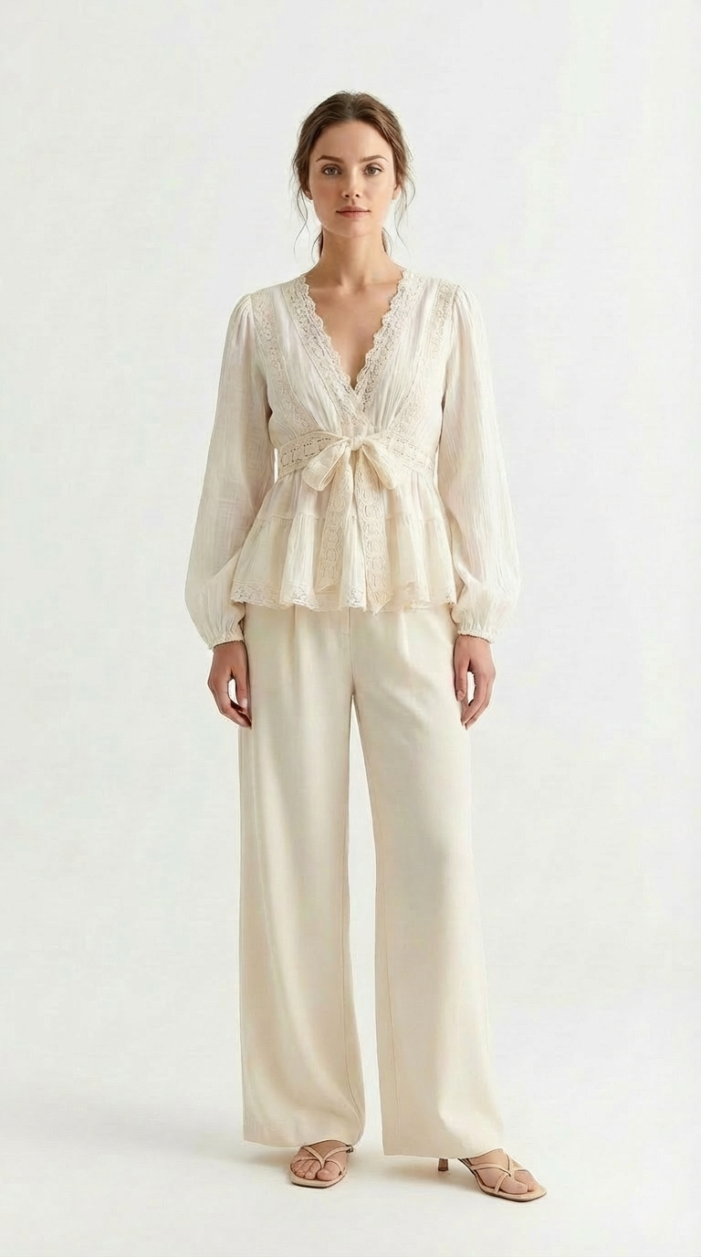 Blusa Feminina Renda Manga Longa Decote V com Amarração Peplum Romântica