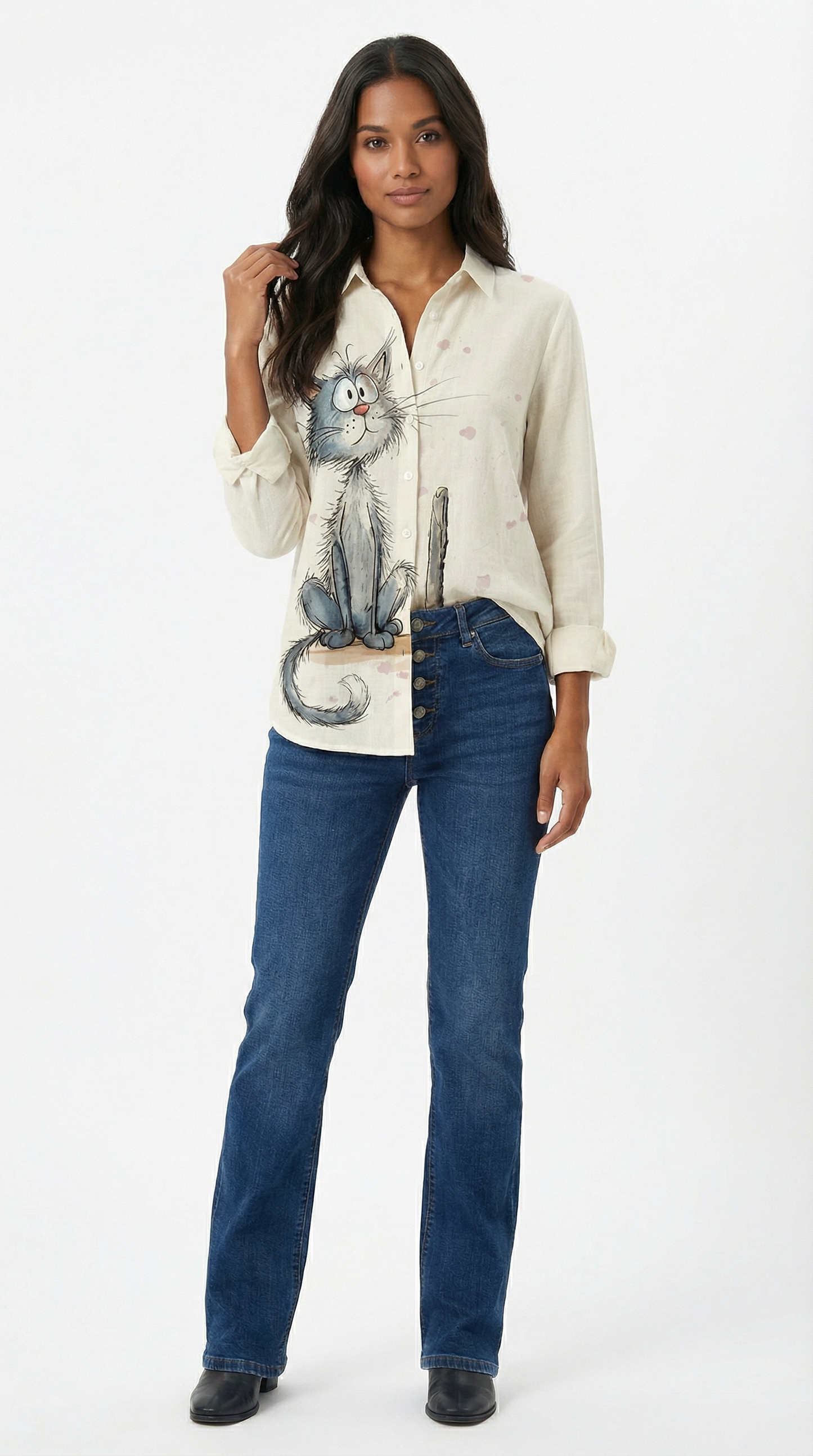 Camisa Feminina Manga Longa Estampa Gato Cinza Casual Oversized