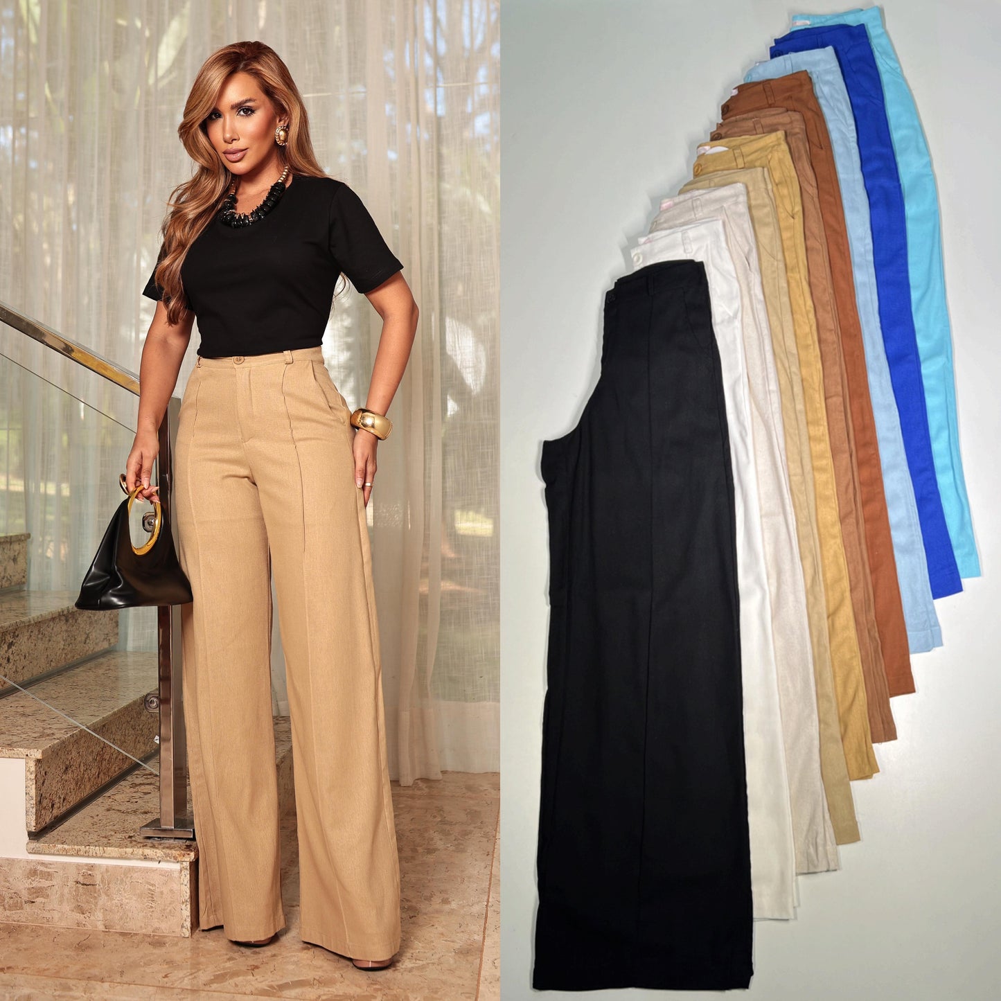 Calça Pantalona Linho Cós Alto Elegance