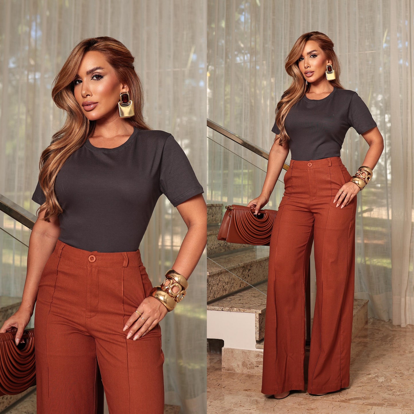 Calça Pantalona Linho Cós Alto Elegance