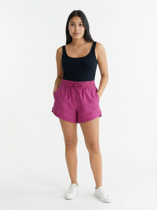 Shorts Feminino Linho Cintura Alta Elástica com Amarração Casual