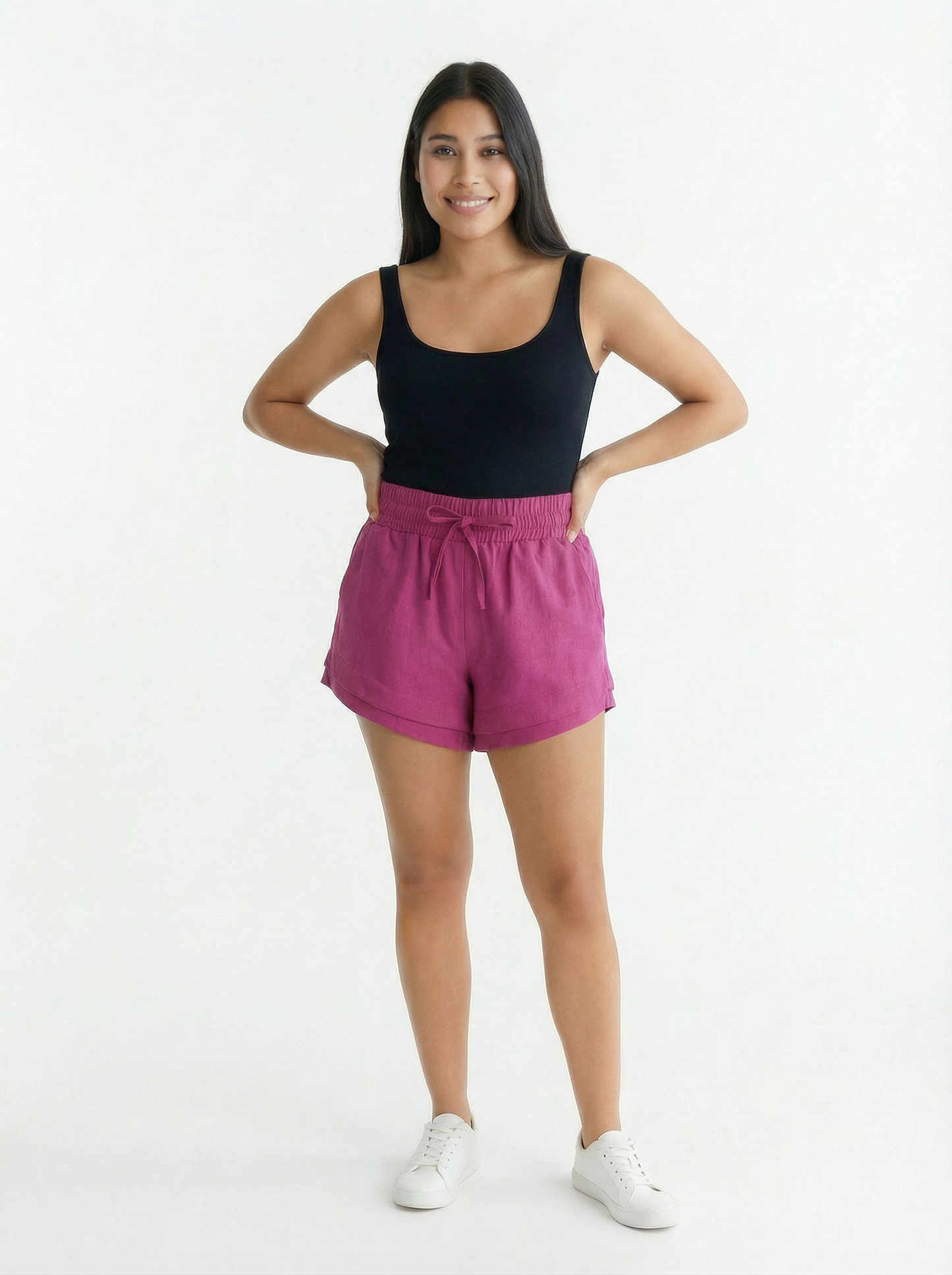 Shorts Feminino Linho Cintura Alta Elástica com Amarração Casual