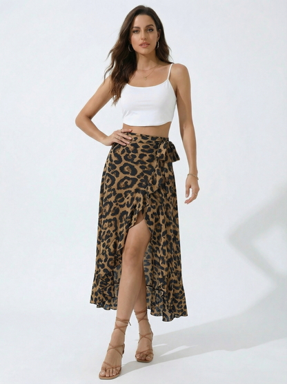 Saia Midi Animal Print Onça com Fenda Lateral Transpassada Elegante