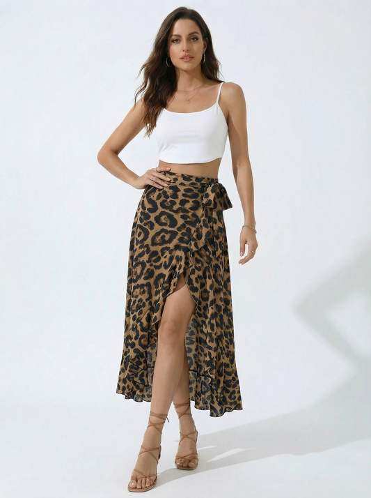 Saia Midi Animal Print Onça com Fenda Lateral Transpassada Elegante