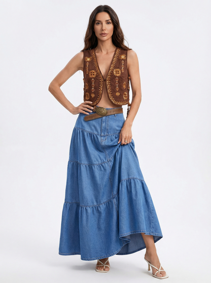 Saia Longa Jeans com Babados em Camadas Estilo Boho Casual