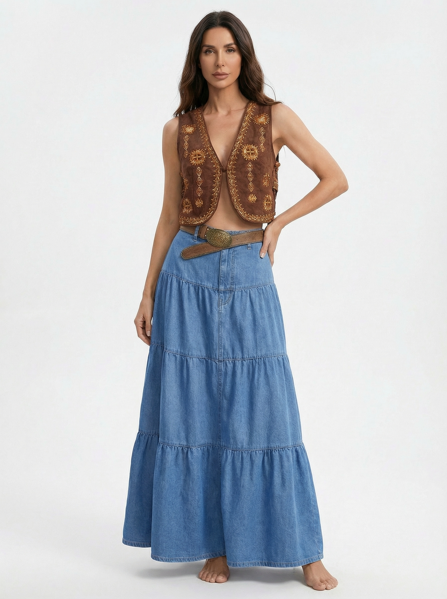 Saia Longa Jeans com Babados em Camadas Estilo Boho Casual