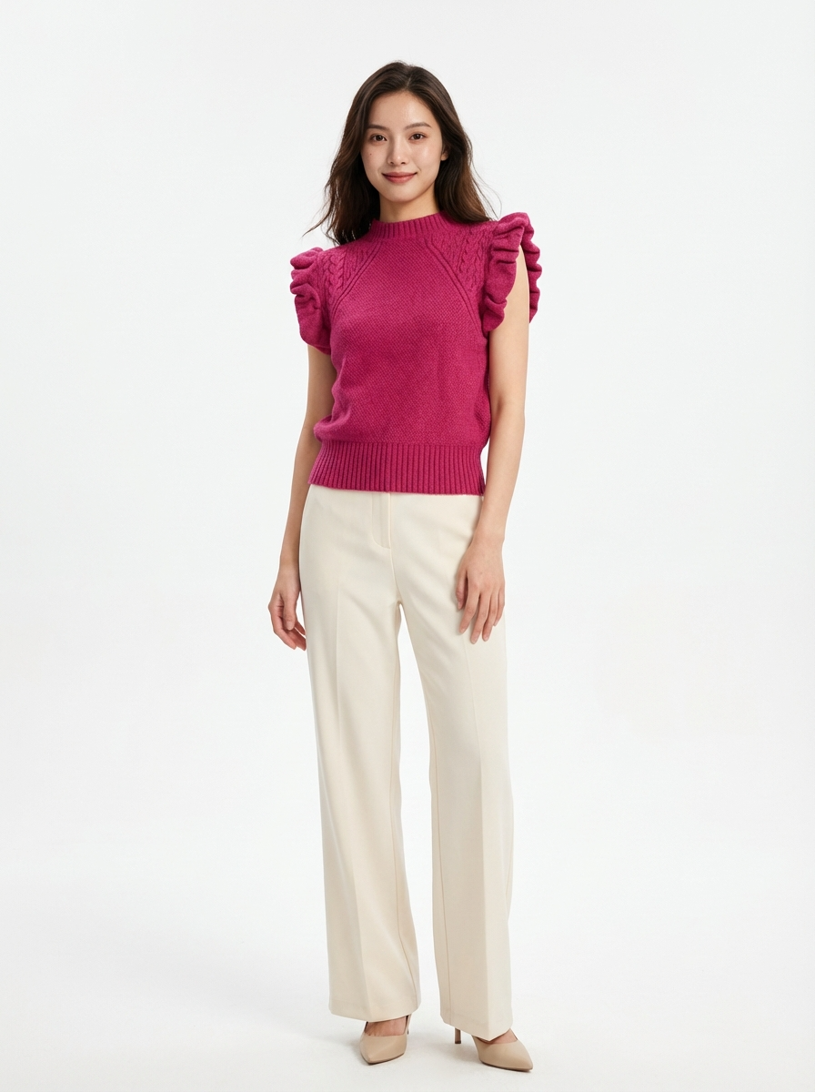 Blusa Tricot Feminina Gola Alta com Babados nas Mangas Sem Mangas