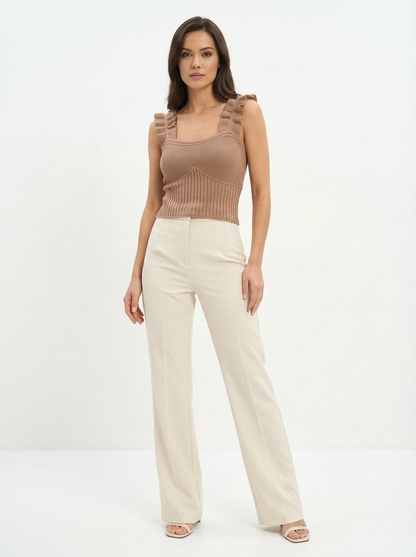 Top Cropped Tricot Feminino com Babados nas Alças Canelado Elegante