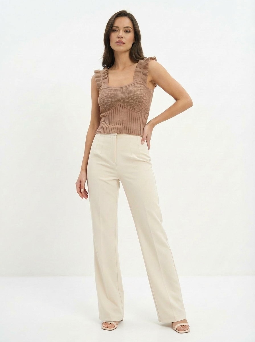Top Cropped Tricot Feminino com Babados nas Alças Canelado Elegante