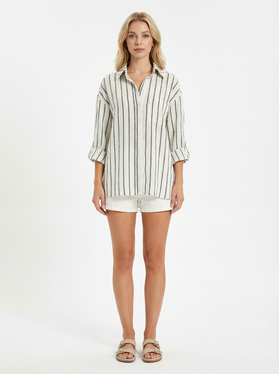 Camisa Feminina Linho Listrada Manga 3/4 Oversized com Bolsos Casual