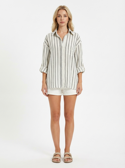 Camisa Feminina Linho Listrada Manga 3/4 Oversized com Bolsos Casual