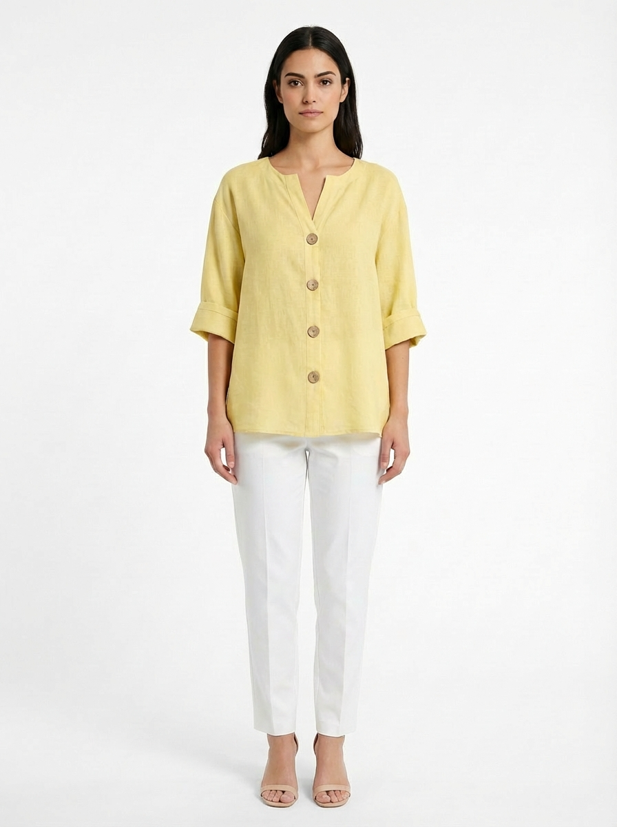 Blusa Feminina Linho Manga 3/4 com Botões Frontais Decote V Casual