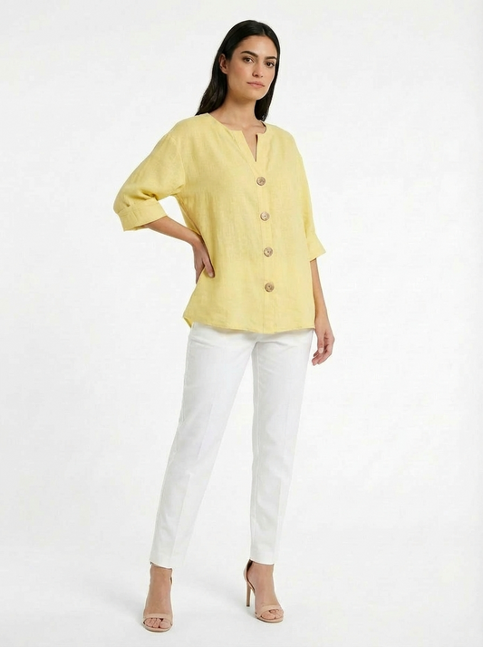 Blusa Feminina Linho Manga 3/4 com Botões Frontais Decote V Casual