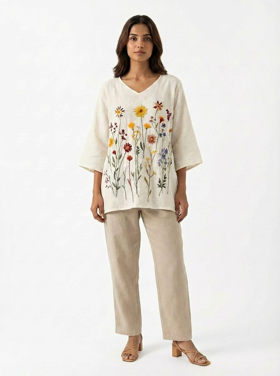 Blusa Feminina Linho Bordado Floral Manga 3/4 Decote V Oversized