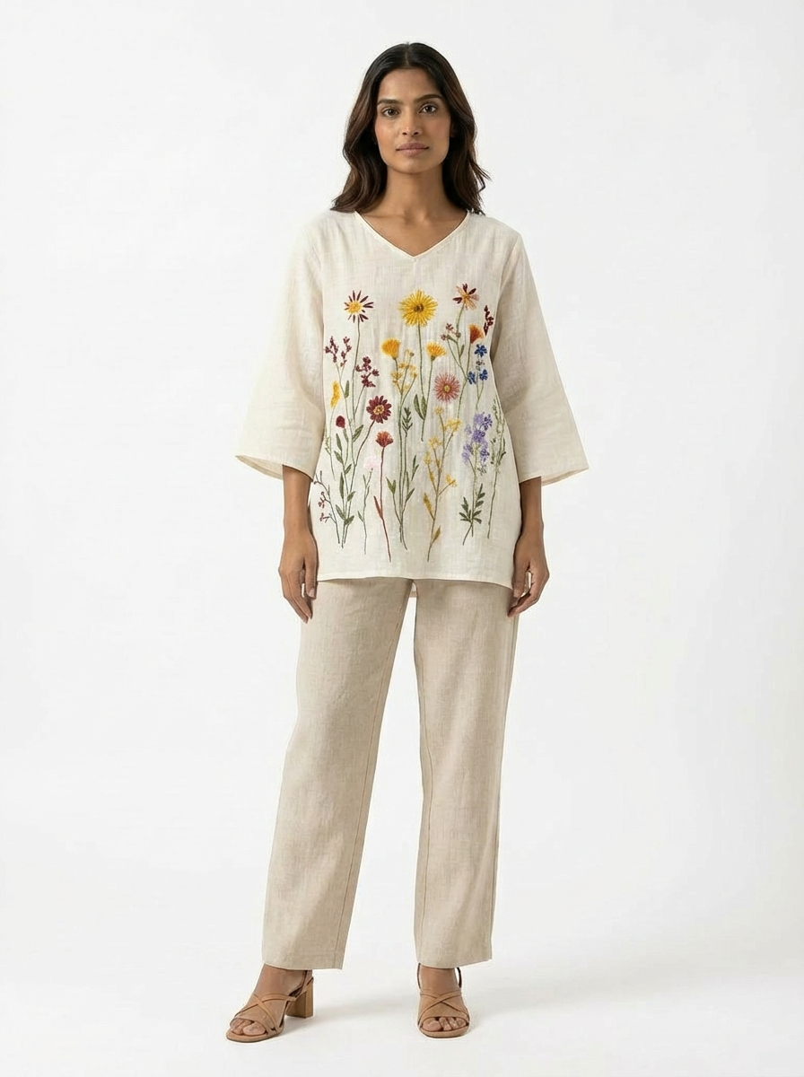 Blusa Feminina Linho Bordado Floral Manga 3/4 Decote V Oversized