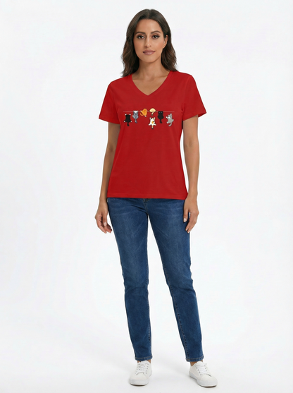 Camiseta Feminina Algodão Decote V Estampa Gatos Divertida Casual