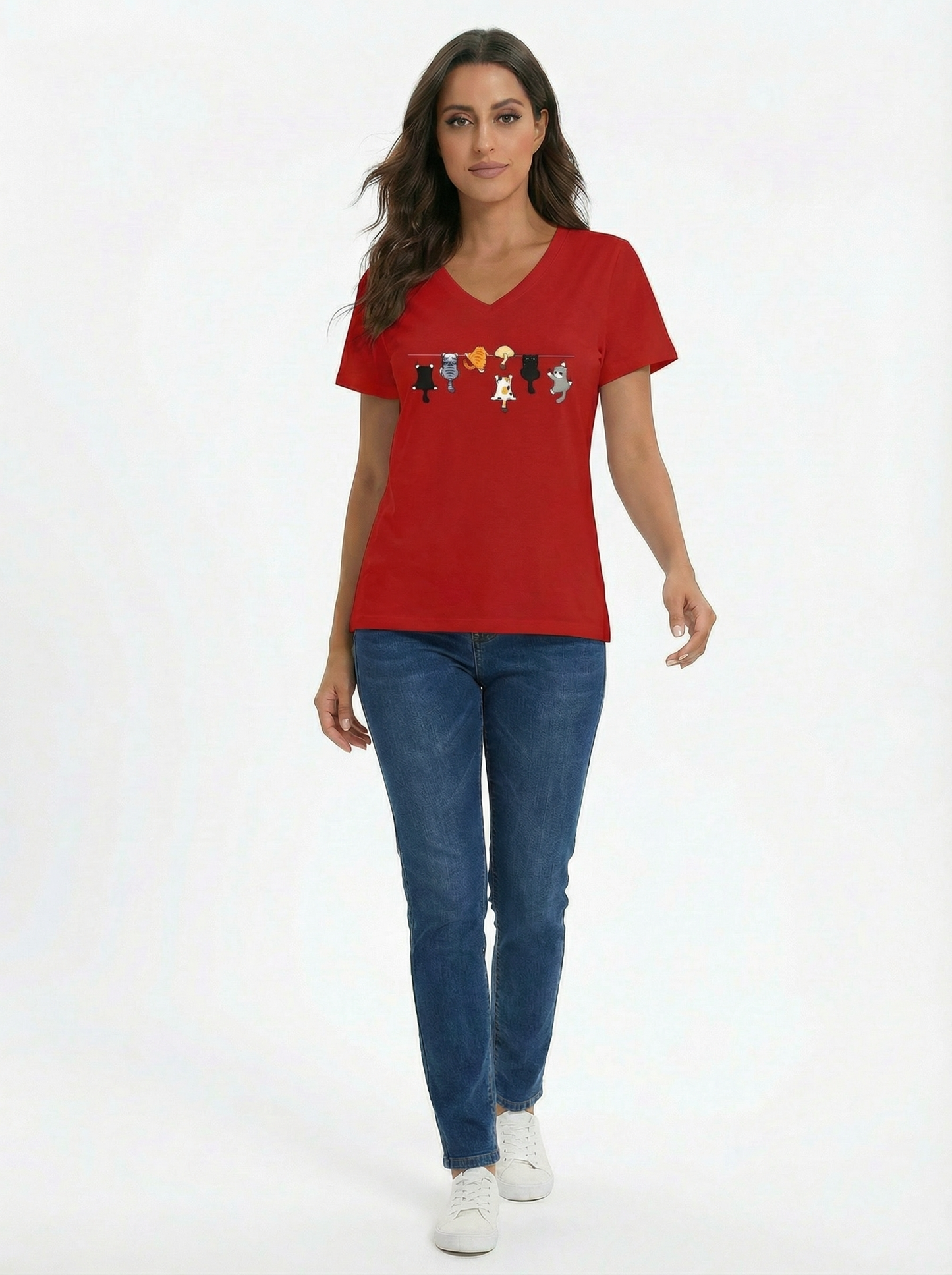 Camiseta Feminina Algodão Decote V Estampa Gatos Divertida Casual