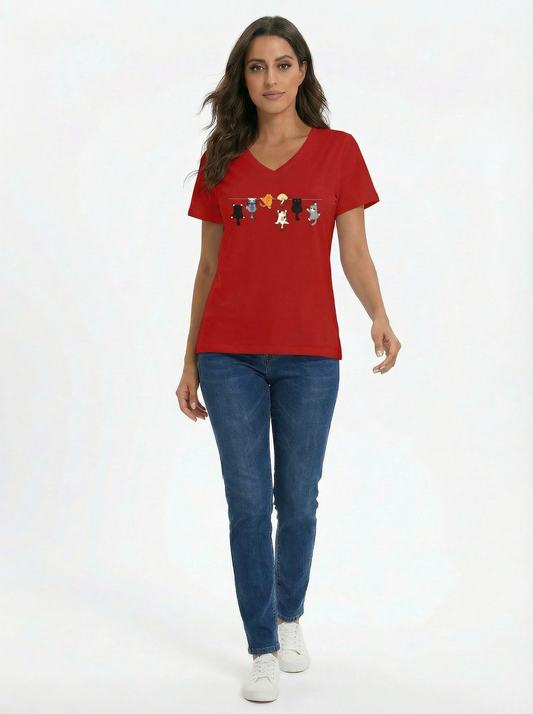 Camiseta Feminina Algodão Decote V Estampa Gatos Divertida Casual