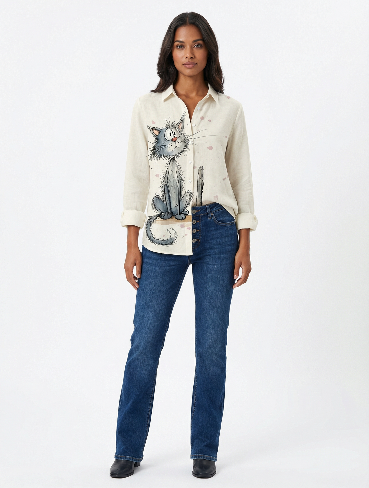 Camisa Feminina Manga Longa Estampa Gato Cinza Casual Oversized
