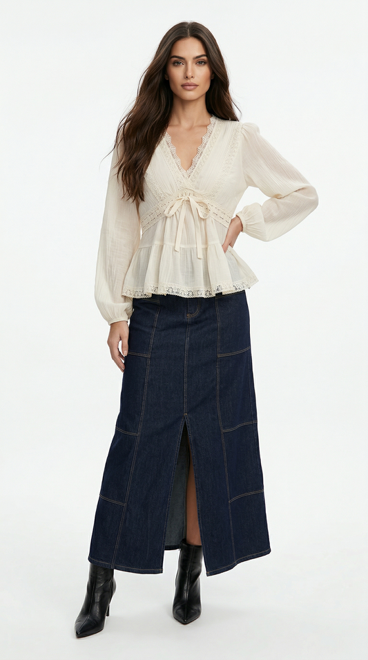 Blusa Feminina Renda Manga Longa Decote V com Amarração Peplum Romântica
