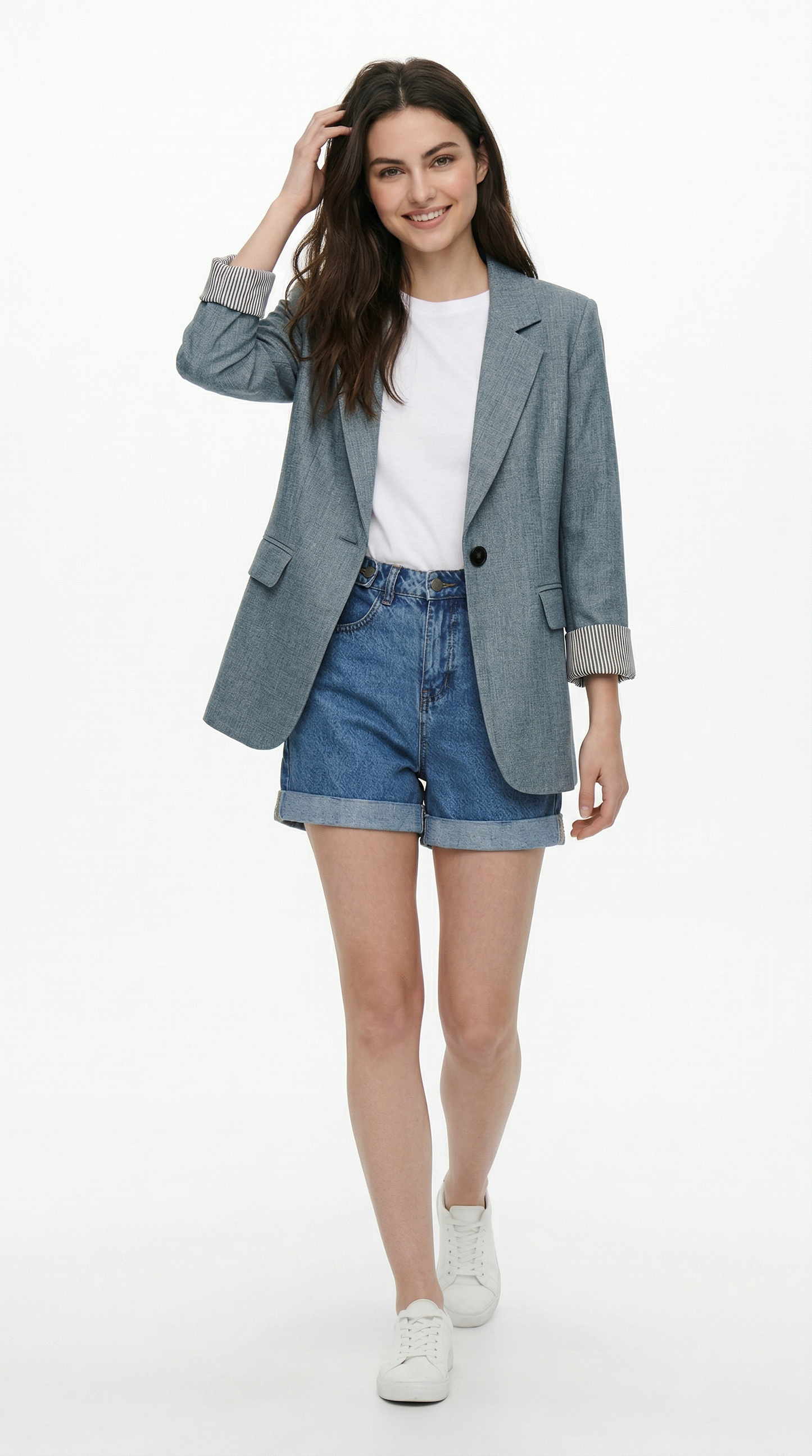 Shorts Jeans Feminino Cintura Alta Perna Larga com Barra Dobrada Casual