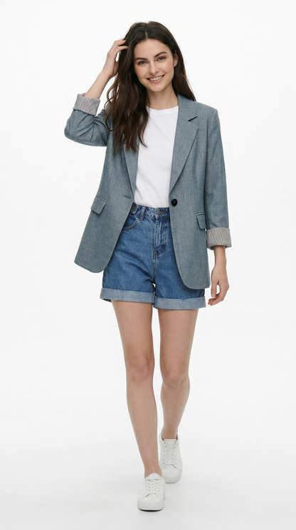 Shorts Jeans Feminino Cintura Alta Perna Larga com Barra Dobrada Casual