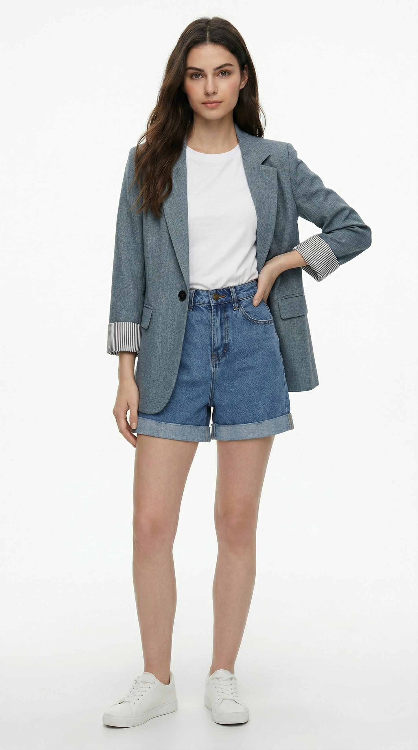 Shorts Jeans Feminino Cintura Alta Perna Larga com Barra Dobrada Casual