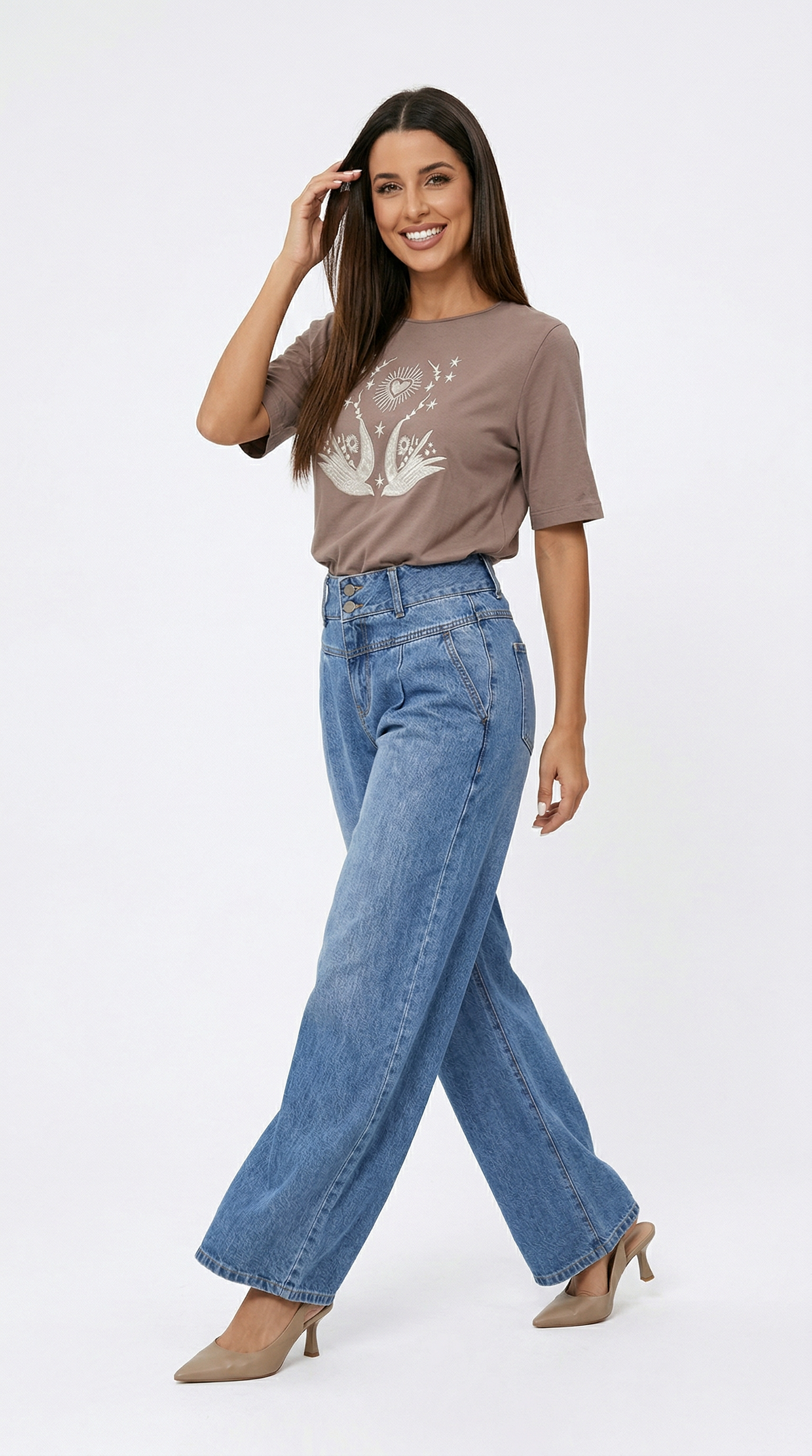 Calça Jeans Pantalona Feminina Cintura Alta Reta Elegante