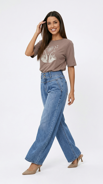 Calça Jeans Pantalona Feminina Cintura Alta Reta Elegante