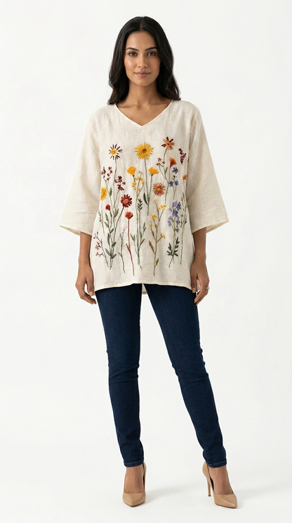 Blusa Feminina Linho Bordado Floral Manga 3/4 Decote V Oversized