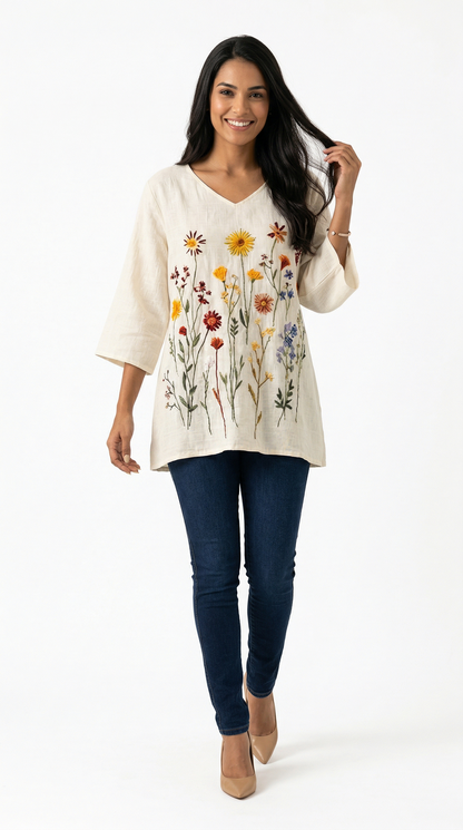 Blusa Feminina Linho Bordado Floral Manga 3/4 Decote V Oversized