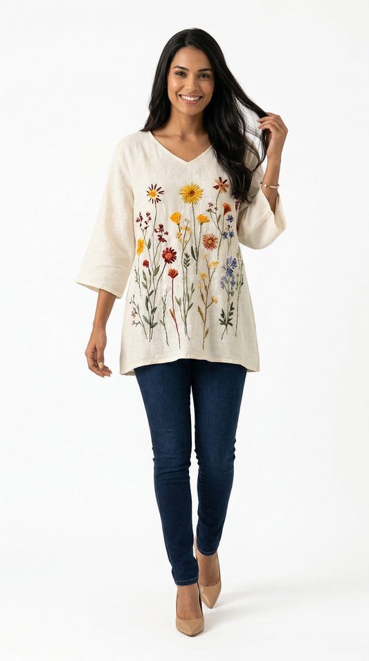 Blusa Feminina Linho Bordado Floral Manga 3/4 Decote V Oversized