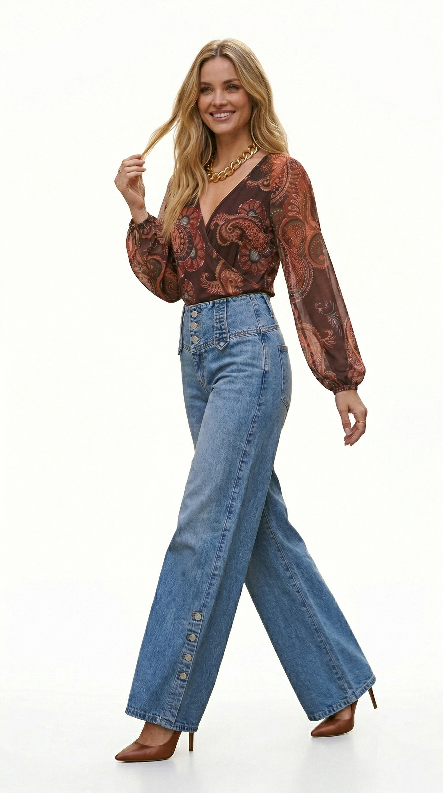 Calça Jeans Pantalona Vintage Cintura Alta com Botões Frontais