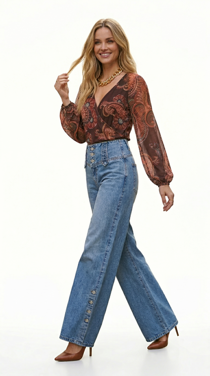 Calça Jeans Pantalona Vintage Cintura Alta com Botões Frontais
