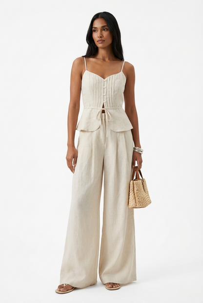 Conjunto Feminino Linho Regata com Pregas e Calça Pantalona Elegante