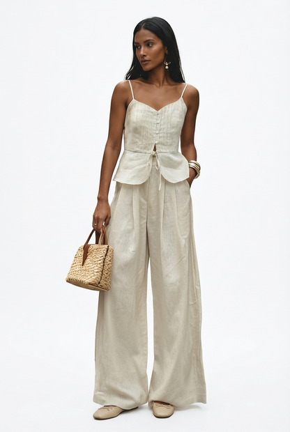 Conjunto Feminino Linho Regata com Pregas e Calça Pantalona Elegante