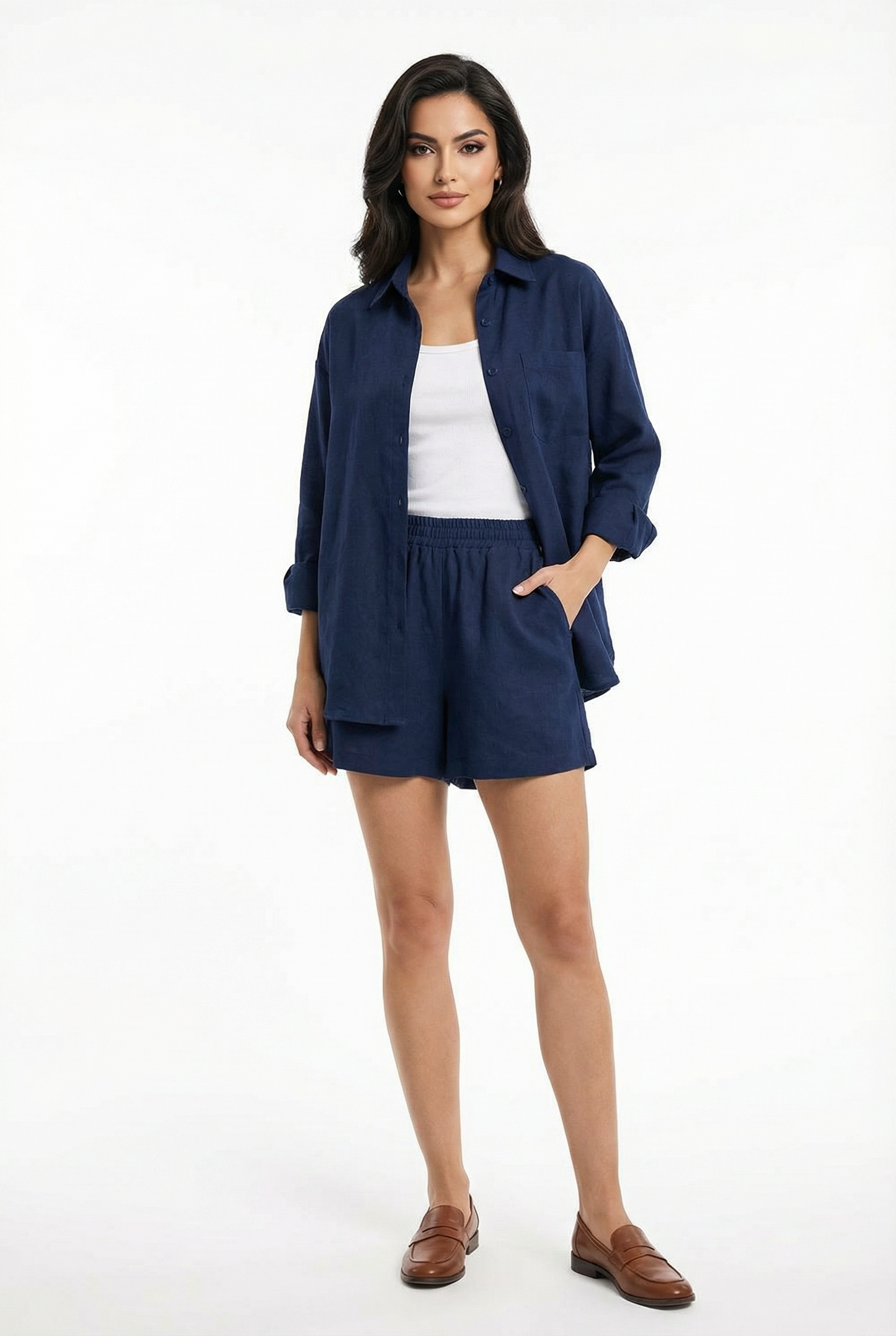 Conjunto Feminino Linho Camisa Manga Longa e Shorts Cintura Elástica Casual