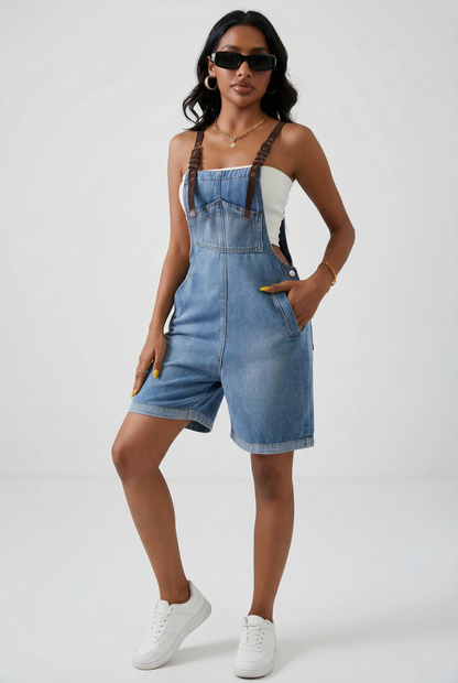 Jardineira Jeans Feminina Shorts com Alças Ajustáveis Casual Verão