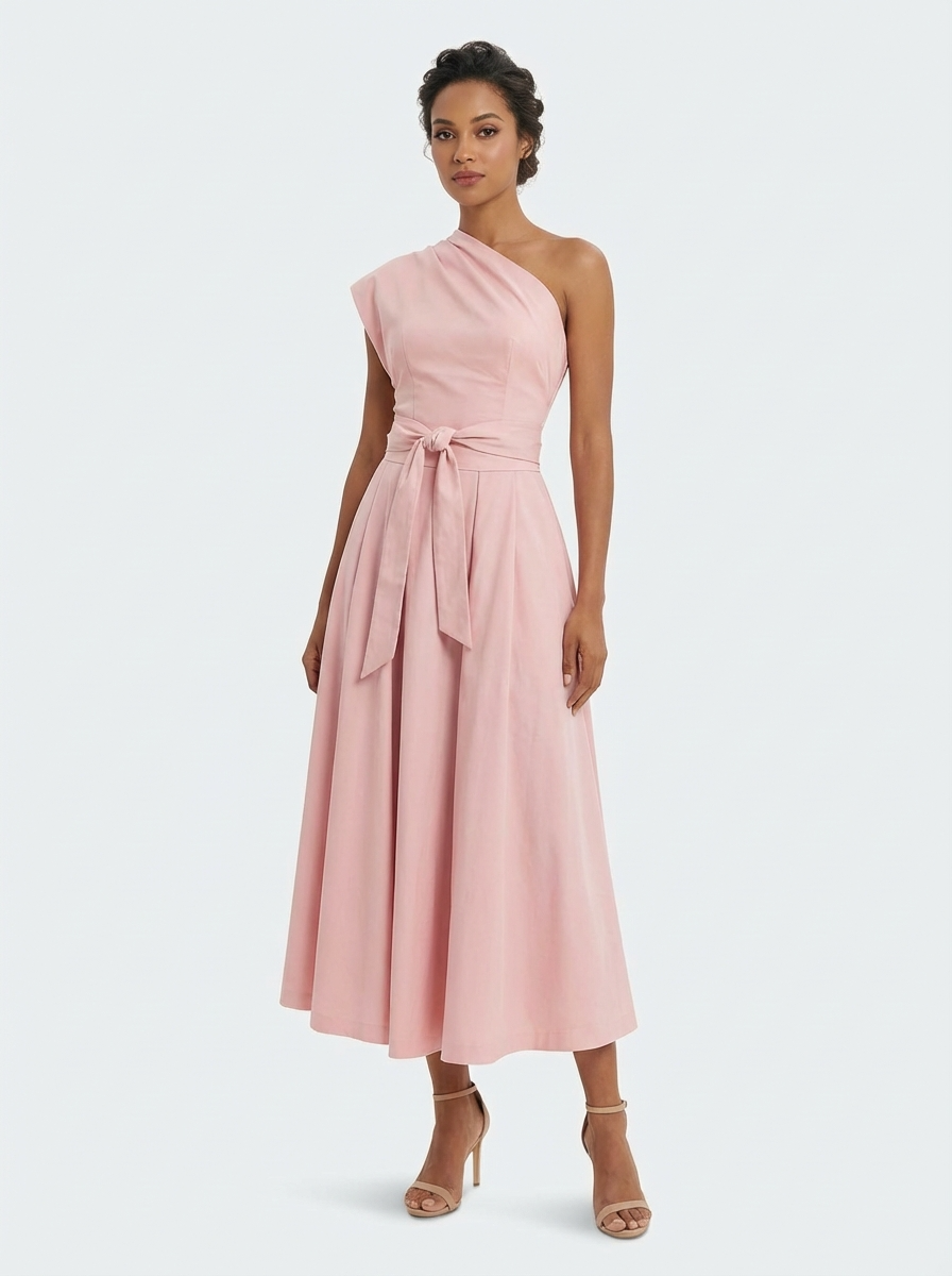 Vestido Midi Ombro Único com Cinto e Bolsos Rosa Elegante