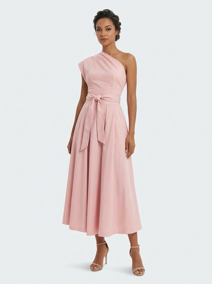 Vestido Midi Ombro Único com Cinto e Bolsos Rosa Elegante