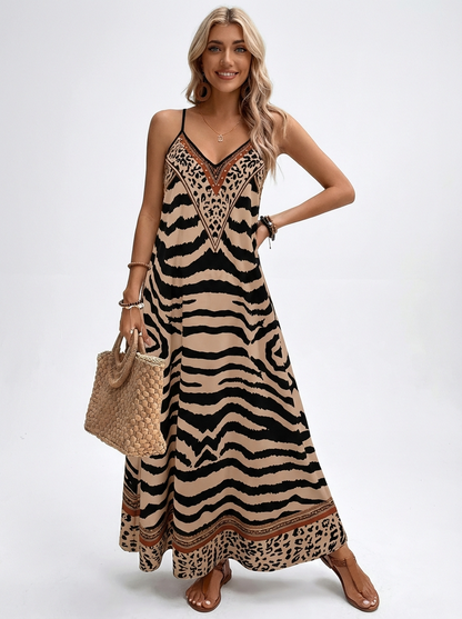 Vestido Longo Animal Print Zebra e Onça com Alças Finas Decote V